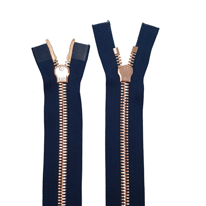 Glossy 8MM Two-Way Separating Open Bottom Zipper, Navy/Rose Gold | 36 Inch Length