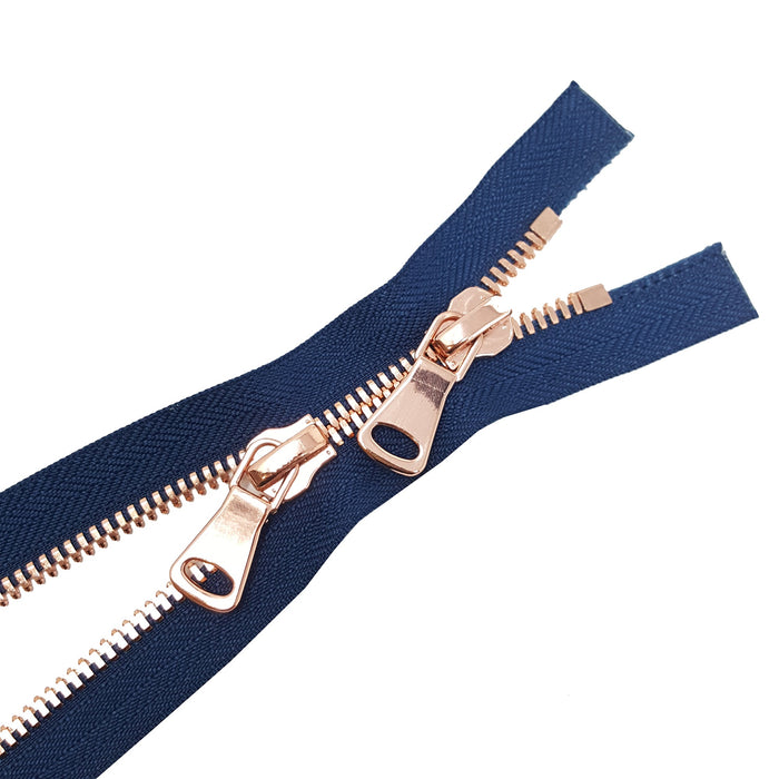 Glossy 8MM Two-Way Separating Open Bottom Zipper, Navy/Rose Gold | 36 Inch Length