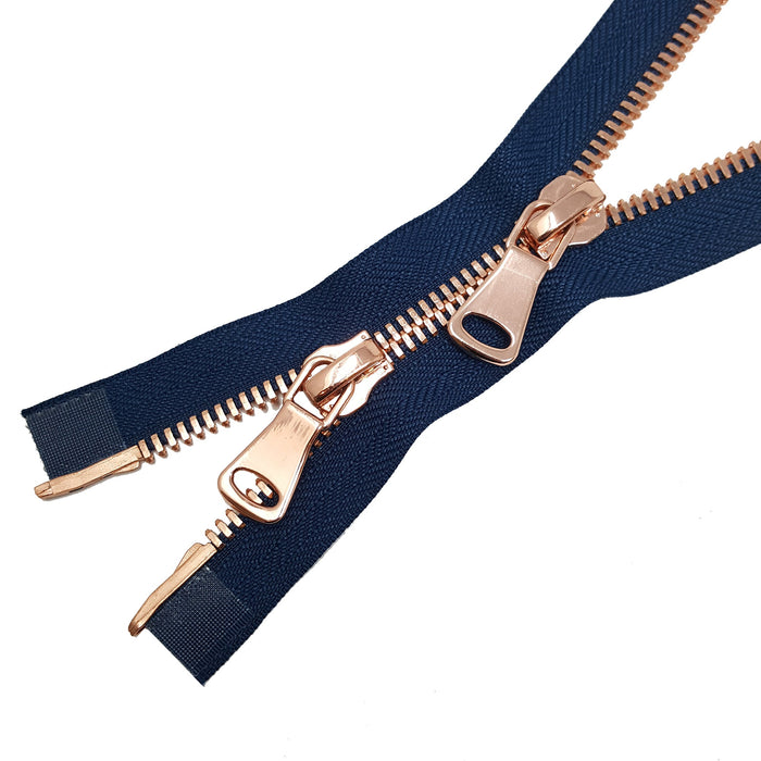 Glossy 8MM Two-Way Separating Open Bottom Zipper, Navy/Rose Gold | 36 Inch Length