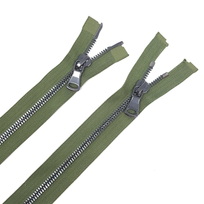 Glossy 8MM Two-Way Separating Open Bottom Zipper, Olive/Gun Metal | 36 Inch Length