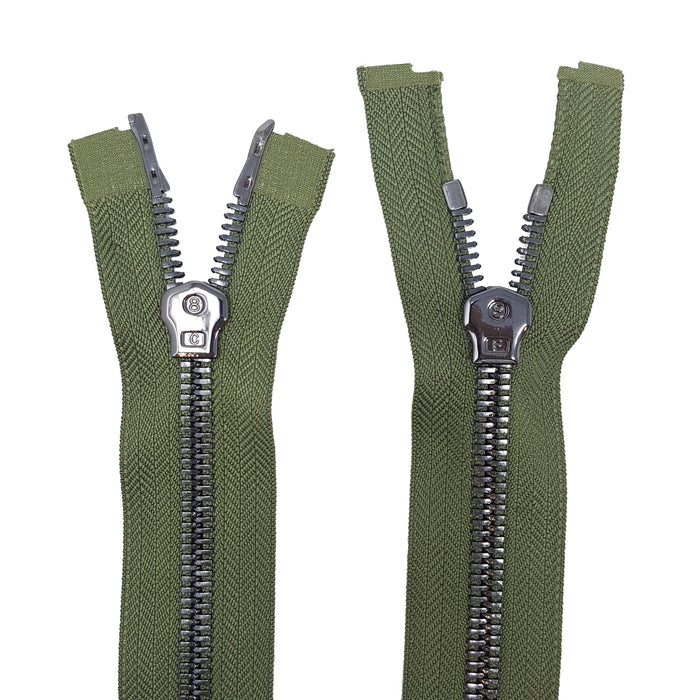 Glossy 8MM Two-Way Separating Open Bottom Zipper, Olive/Gun Metal | 36 Inch Length