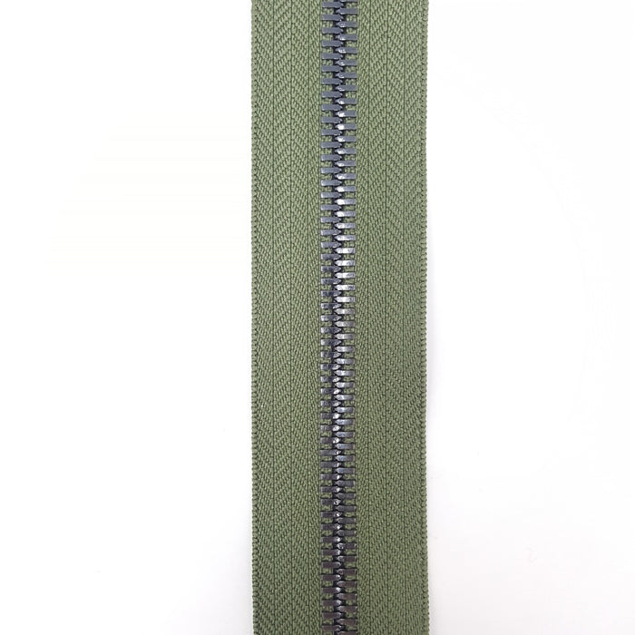 Glossy 8MM Two-Way Separating Open Bottom Zipper, Olive/Gun Metal | 36 Inch Length