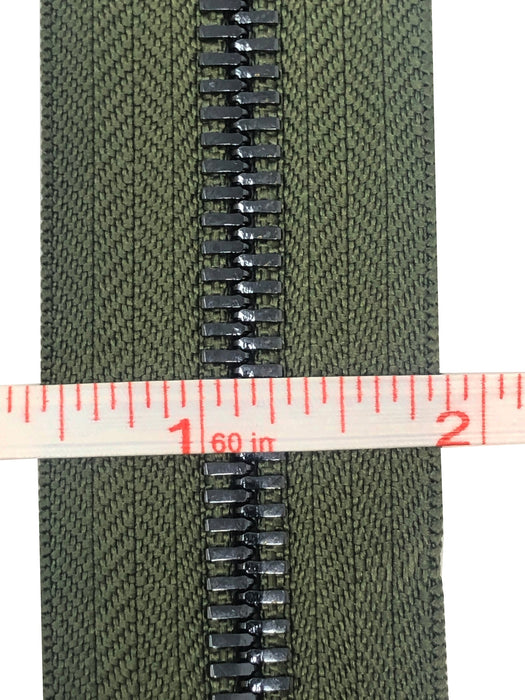 Glossy 8MM Two-Way Separating Open Bottom Zipper, Olive/Gun Metal | 36 Inch Length