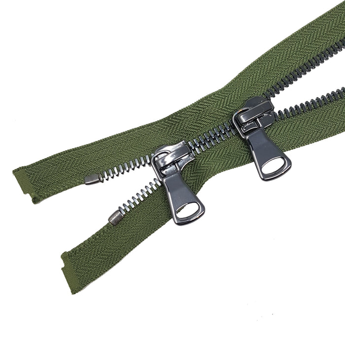 Glossy 8MM Two-Way Separating Open Bottom Zipper, Olive/Gun Metal | 36 Inch Length