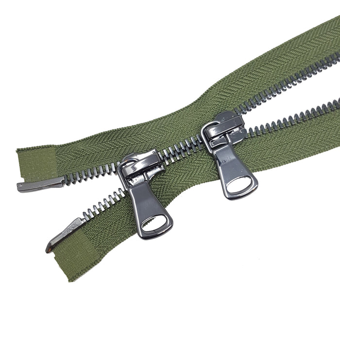 Glossy 8MM Two-Way Separating Open Bottom Zipper, Olive/Gun Metal | 36 Inch Length