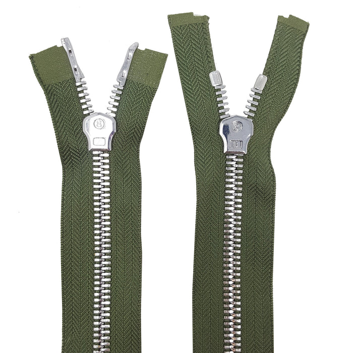 Glossy 8MM Two-Way Separating Open Bottom Zipper, Olive/Nickel | 36 Inch Length