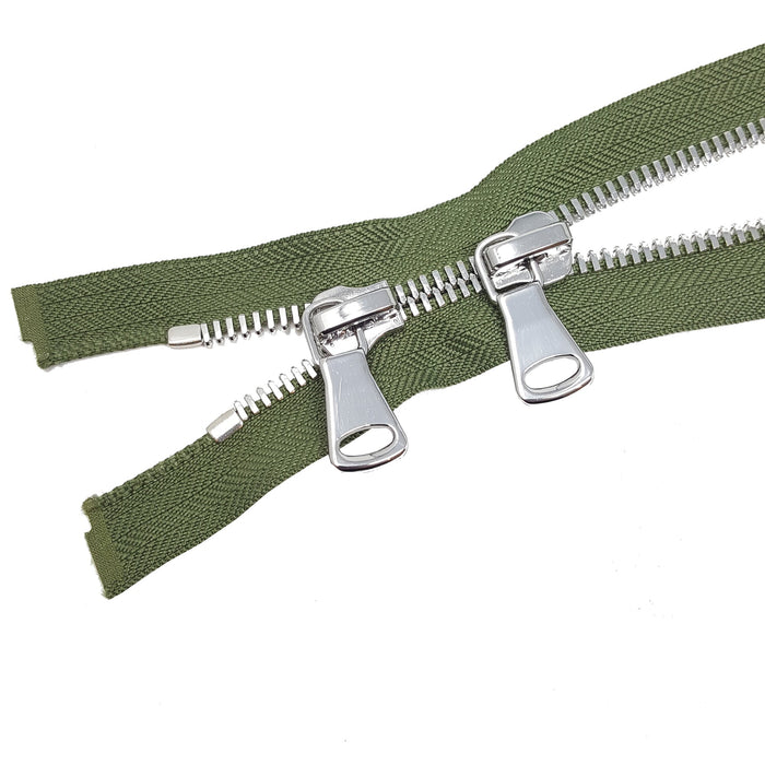 Glossy 8MM Two-Way Separating Open Bottom Zipper, Olive/Nickel | 36 Inch Length