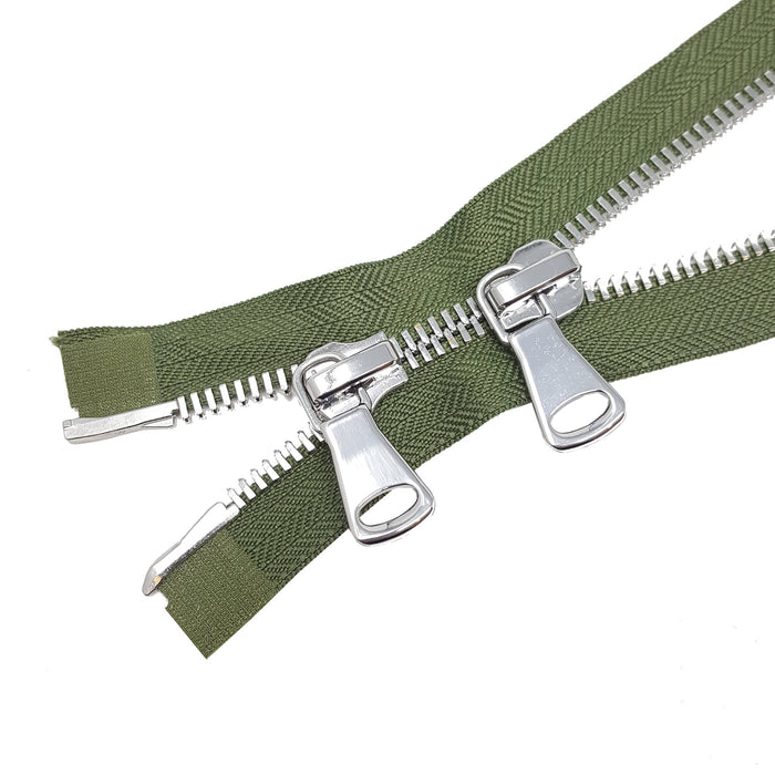 Glossy 8MM Two-Way Separating Open Bottom Zipper, Olive/Nickel | 36 Inch Length