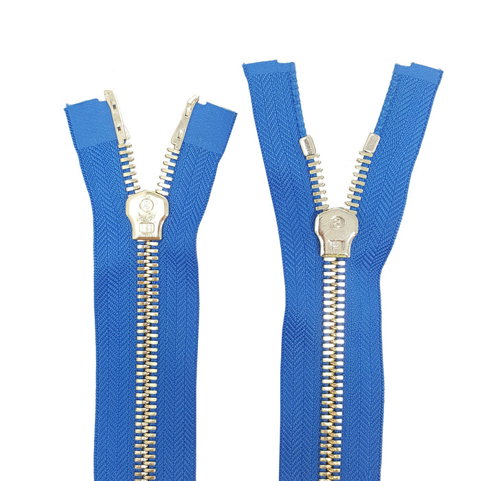 Glossy 8MM Two-Way Separating Open Bottom Zipper, Royal/Brass | 36 Inch Length