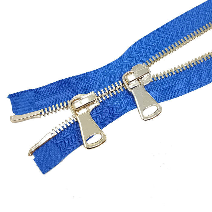 Glossy 8MM Two-Way Separating Open Bottom Zipper, Royal/Brass | 36 Inch Length