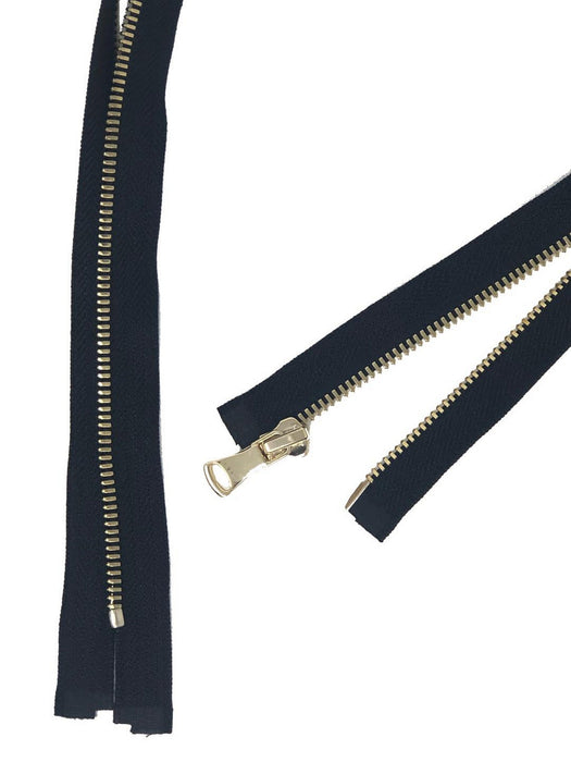 Glossy Jacket Zipper Set in 5MM or 8MM Metal Teeth, One 18" to 28" Open Bottom and Two 7" Pocket Closed Bottom Zippers, Black/Brass