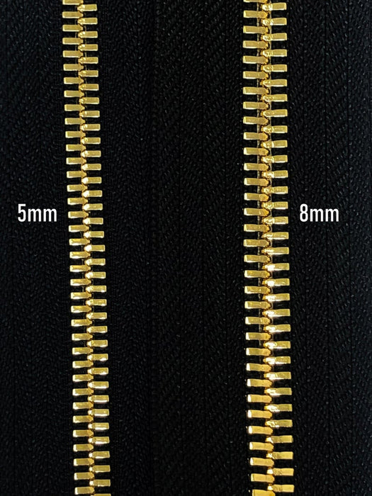 Glossy Jacket Zipper Set in 5MM or 8MM Metal Teeth, One 18" to 28" Open Bottom and Two 7" Pocket Closed Bottom Zippers, Black/Brass