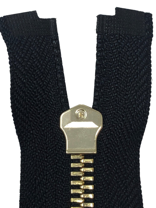 Glossy 5MM or 8MM One-Way Non-Separating Closed Bottom Zipper, Black/Brass |7 Inch Length