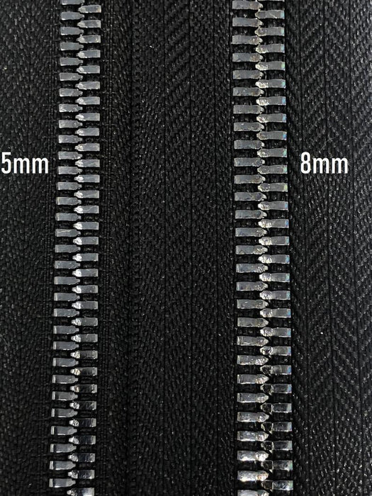 Glossy Jacket Zipper Set in 5MM or 8MM Metal Teeth, One 18" to 28" Open Bottom and Two 7" Pocket Closed Bottom Zippers, Black/Gun Metal