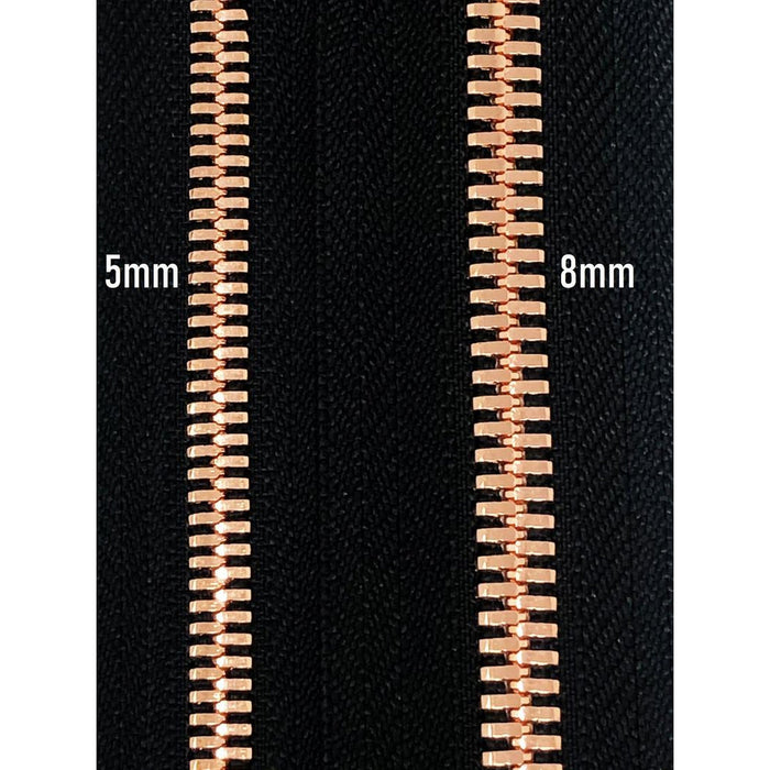 Glossy 5MM or 8MM One-Way Non-Separating Closed Bottom Zipper, Black/Rose Gold |7 Inch Length