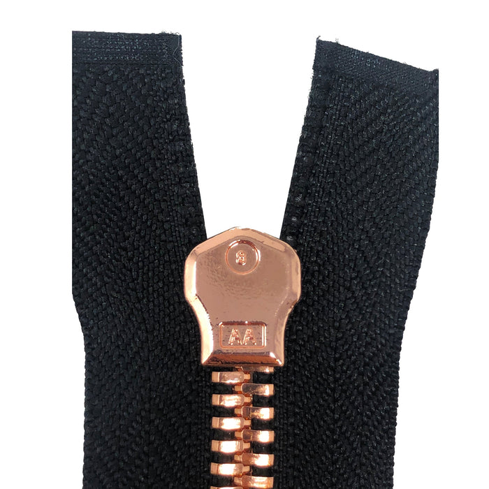 Glossy 5MM or 8MM One-Way Non-Separating Closed Bottom Zipper, Black/Rose Gold |7 Inch Length