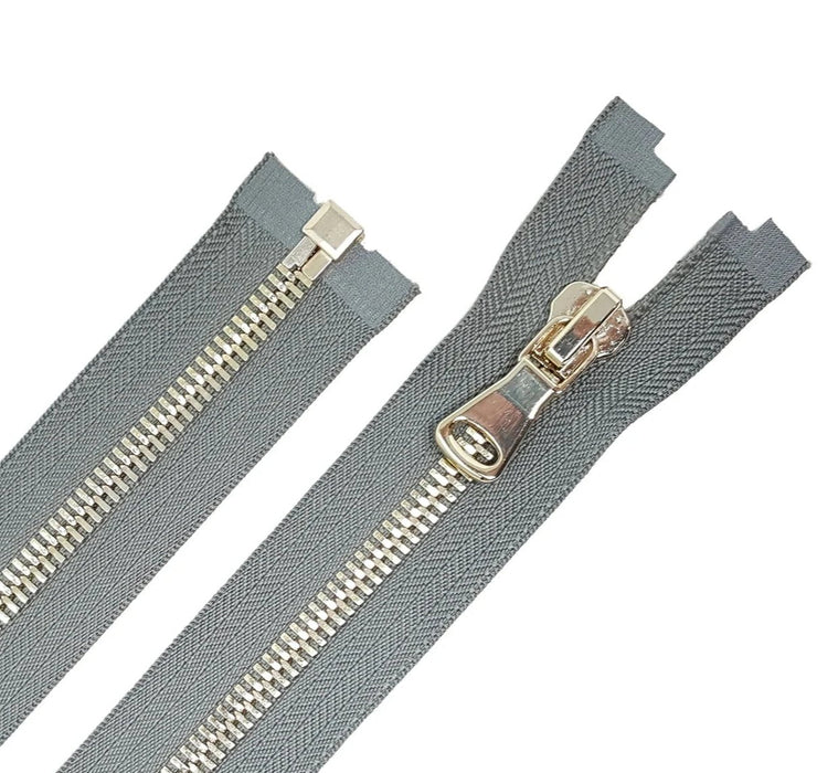 Glossy 8MM One-Way Separating Open Bottom Zipper, Gray/Brass | 4 Inch to 28 Inch Length