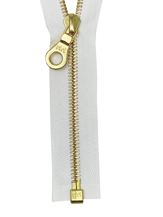 riri 6MM Teeth One-Way Separating Open Bottom Zipper with KTA Pull, White-black-Gold teath to 27.5 Inch