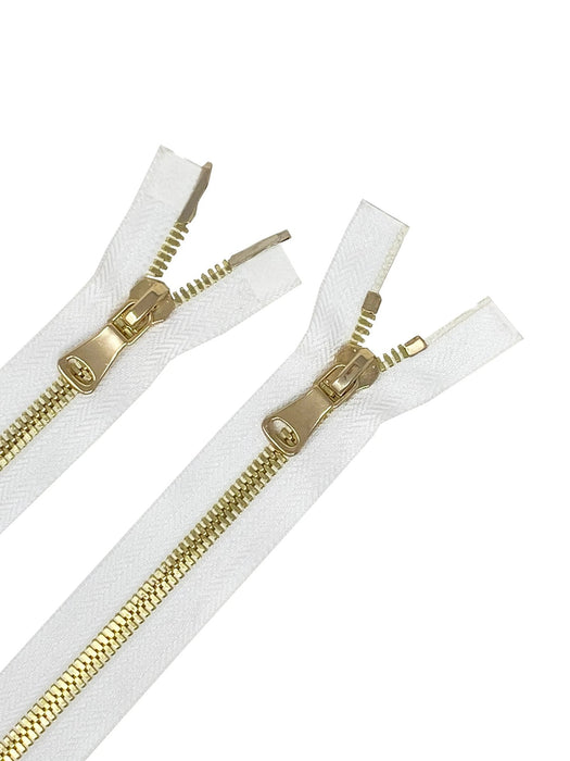 Glossy Metal 5MM or 8MM Teeth Two-Way Separating Open Bottom Zipper, White/Brass | 10 Inch to 28 Inches