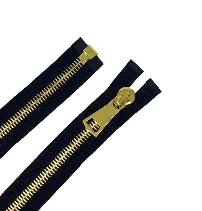 Zip Up Glossy 15MM One-Way Separating Open Bottom Zipper Black Tape Gold Teeth