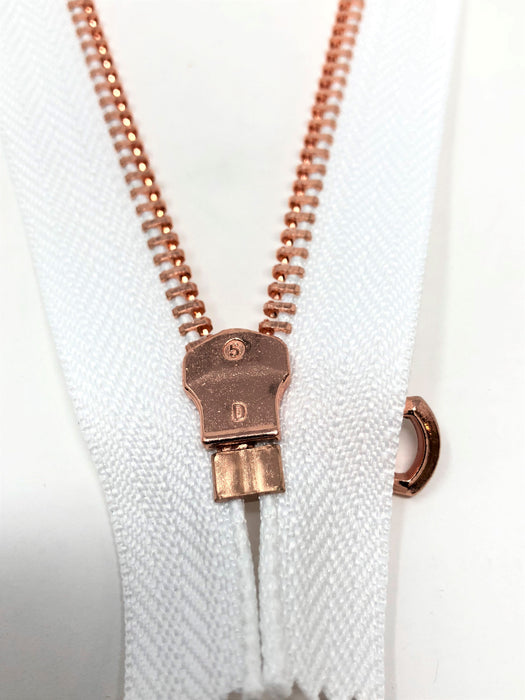 White Glossy Pocket Zipper Rose Gold Teeth 5MM in 5.5 inches Closed Non Separating - ZipUpZipper