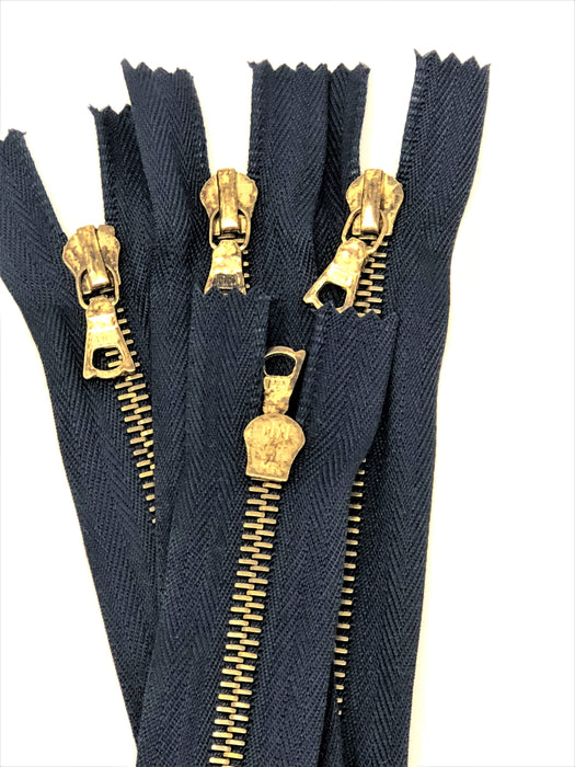 Navy Riri Rusted Pocket Zipper 5 Inches Closed Bottom FLACH Puller Brass Teeth - ZipUpZipper