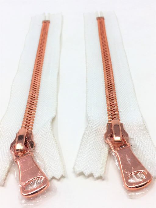 Wholesale White Glossy One-Way Jacket Zipper 5MM OR 8MM Rose Gold Teeth Separating - Choose Length - - ZipUpZipper