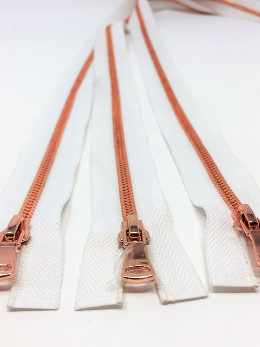 Wholesale White Glossy One-Way Jacket Zipper 5MM OR 8MM Rose Gold Teeth Separating - Choose Length - - ZipUpZipper