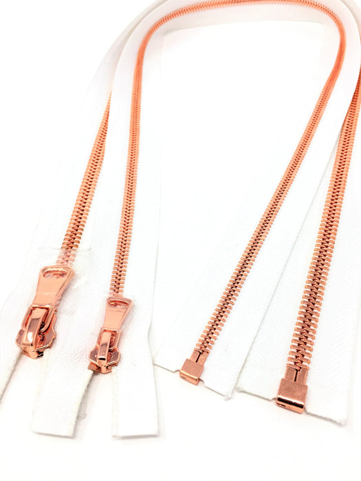 Wholesale White Glossy One-Way Jacket Zipper 5MM OR 8MM Rose Gold Teeth Separating - Choose Length - - ZipUpZipper