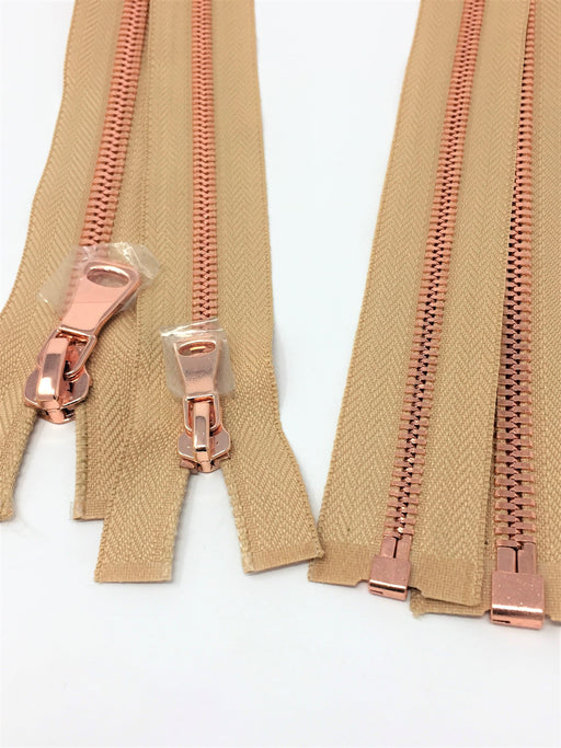 Wholesale Beige Glossy One-Way Jacket Zipper 5MM OR 8MM Rose Gold Teeth Separating - Choose Length - - ZipUpZipper