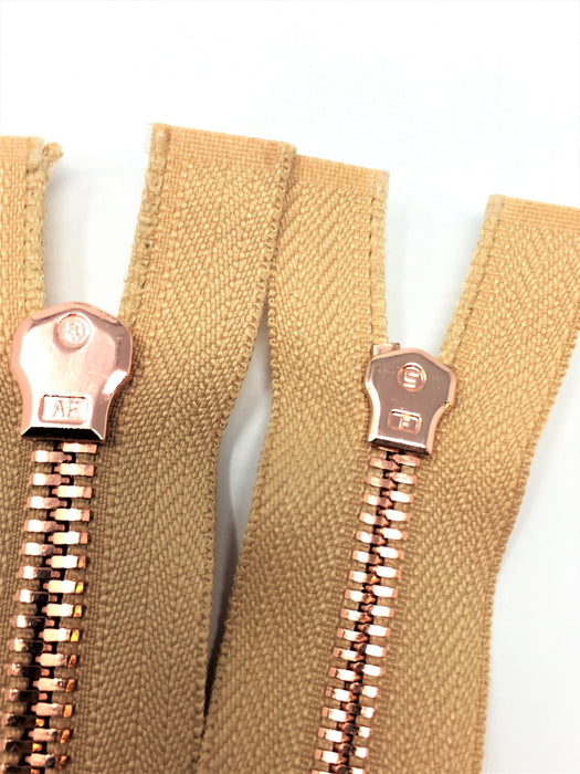 Wholesale Beige Glossy One-Way Jacket Zipper 5MM OR 8MM Rose Gold Teeth Separating - Choose Length - - ZipUpZipper