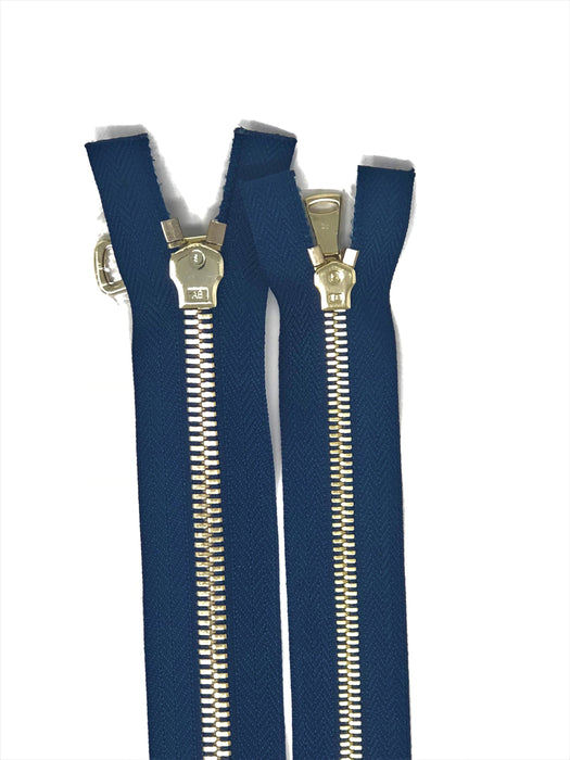 Wholesale Navy Glossy Brass Two-Way Separating Zipper in 5MM or 8MM Open Bottom - Choose Length - - ZipUpZipper