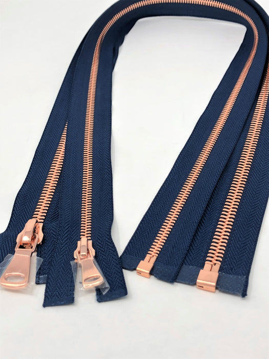 Wholesale Navy Glossy One-Way Jacket Zipper 5MM OR 8MM Rose Gold Teeth Separating - Choose Length - - ZipUpZipper