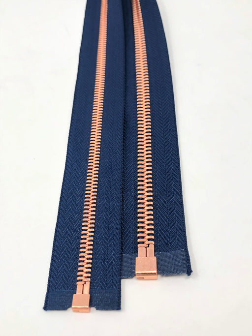 Wholesale Navy Glossy One-Way Jacket Zipper 5MM OR 8MM Rose Gold Teeth Separating - Choose Length - - ZipUpZipper