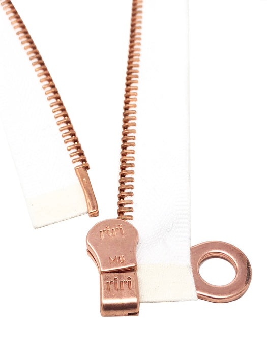 White Riri Jacket Zipper 6MM Rose Gold or Copper Finish Separating - Choose Length -