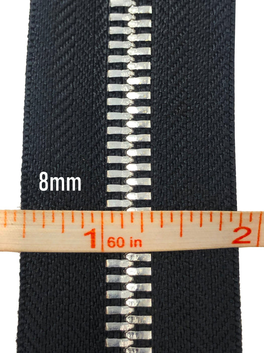 Black Metal Glossy Jacket Separating Zipper Black Tape Silver/ Nickel Teeth Size 5mm or 8mm - Choose Length-