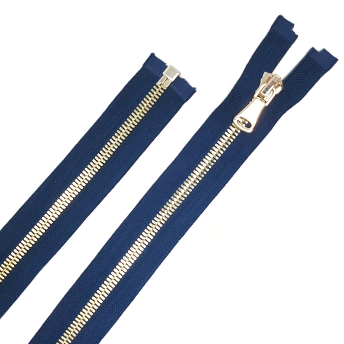 Glossy 5MM or 8MM One-Way Separating Open Bottom Zipper, Navy/Gold | 28 Inch Length