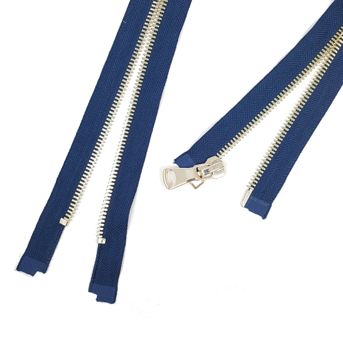 Glossy 5MM or 8MM One-Way Separating Open Bottom Zipper, Navy/Gold | 28 Inch Length