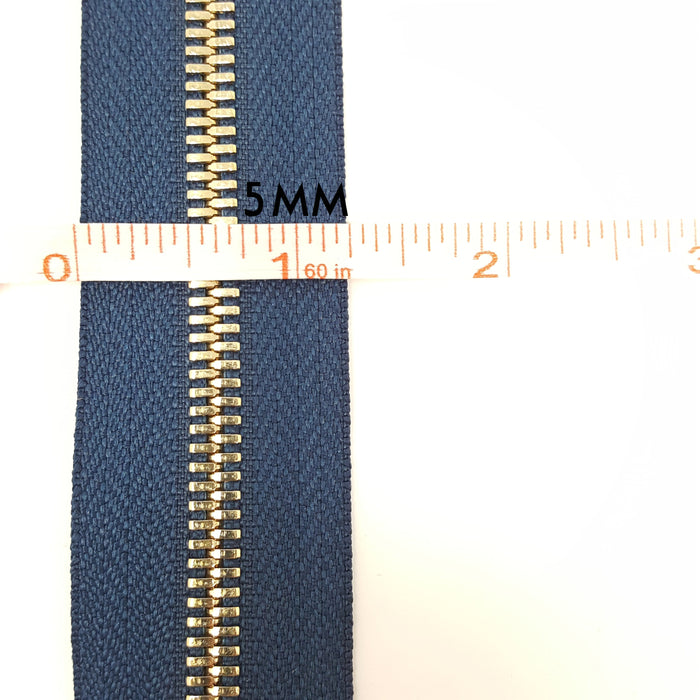 Glossy 5MM or 8MM One-Way Separating Open Bottom Zipper, Navy/Gold | 28 Inch Length