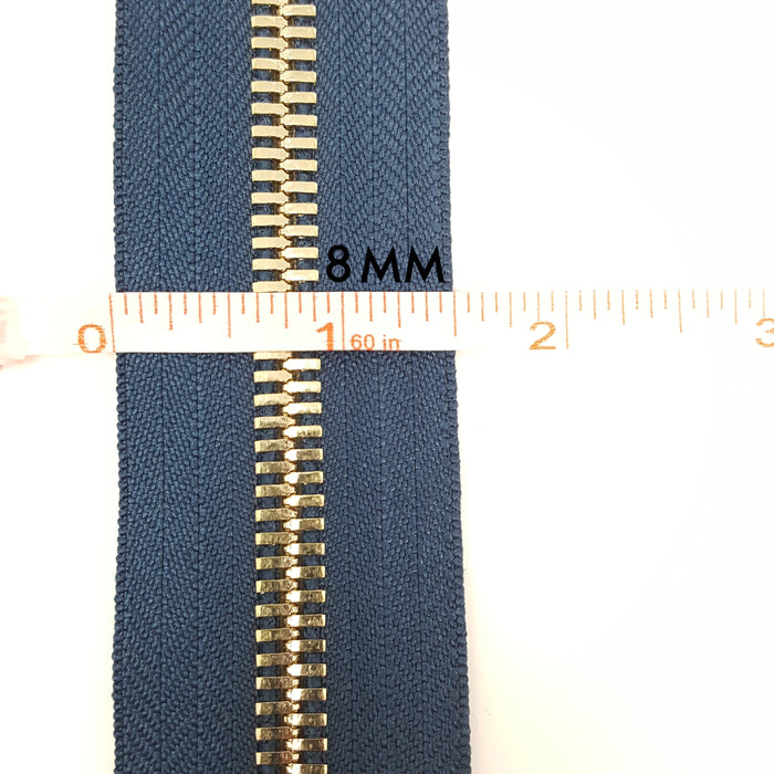 Glossy 5MM or 8MM One-Way Separating Open Bottom Zipper, Navy/Gold | 28 Inch Length