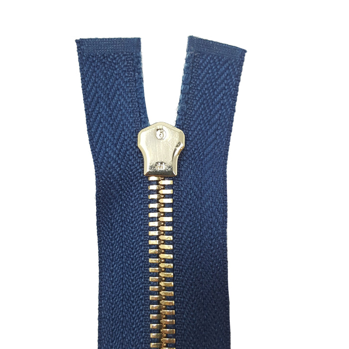 Glossy 5MM or 8MM One-Way Separating Open Bottom Zipper, Navy/Gold | 28 Inch Length