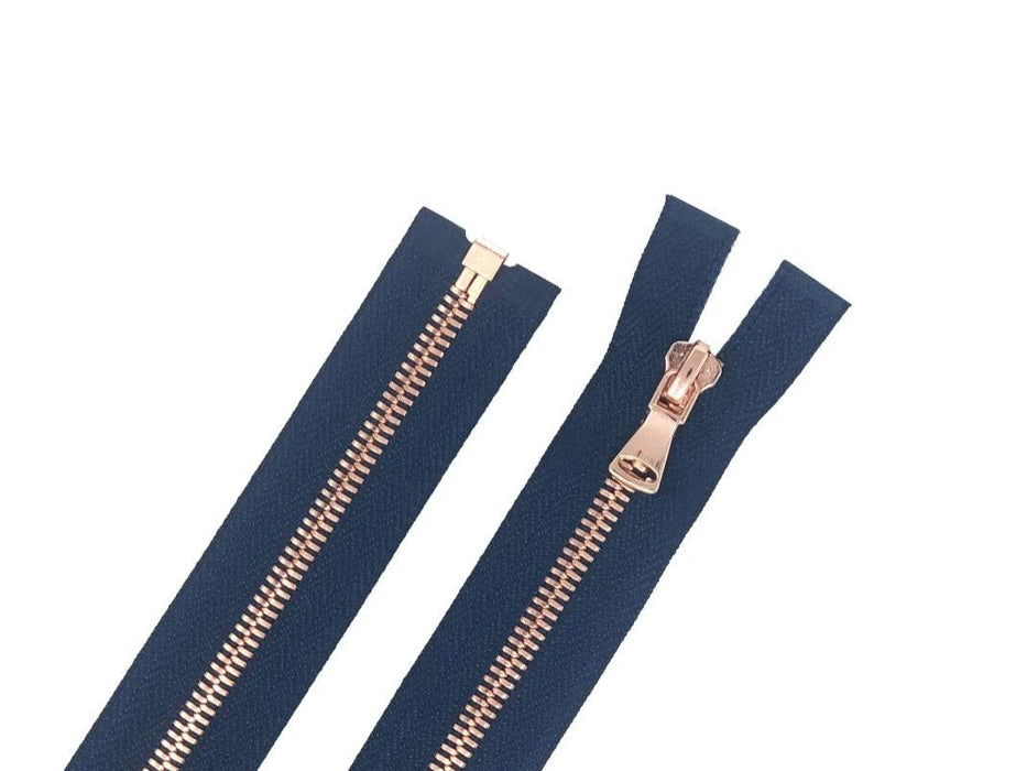 Glossy 5MM One-Way Separating Open Bottom Zipper, Navy/Rose Gold | 28 inch Length