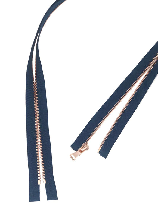 Glossy 5MM One-Way Separating Open Bottom Zipper, Navy/Rose Gold | 28 inch Length