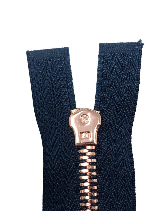 Glossy 5MM One-Way Separating Open Bottom Zipper, Navy/Rose Gold | 28 inch Length