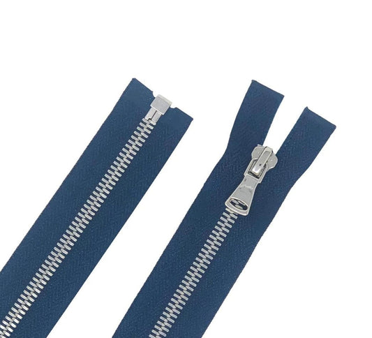 Glossy 5MM One-Way Separating Open Bottom Zipper, Navy/Silver | 28 Inch Length