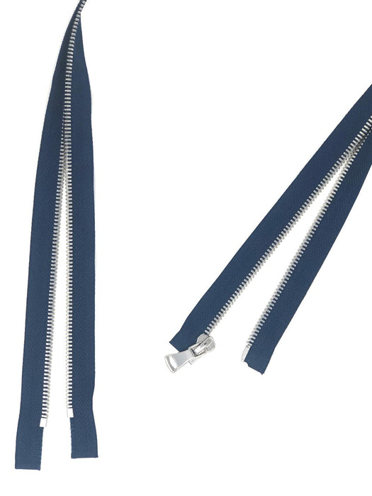 Glossy 5MM One-Way Separating Open Bottom Zipper, Navy/Silver | 28 Inch Length