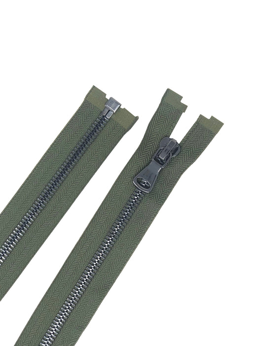 Glossy 8MM One-Way Separating Open Bottom Zipper, Olive Green/Gun Metal | 28 Inch Length