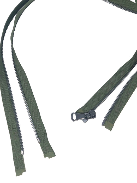 Glossy 8MM One-Way Separating Open Bottom Zipper, Olive Green/Gun Metal | 28 Inch Length