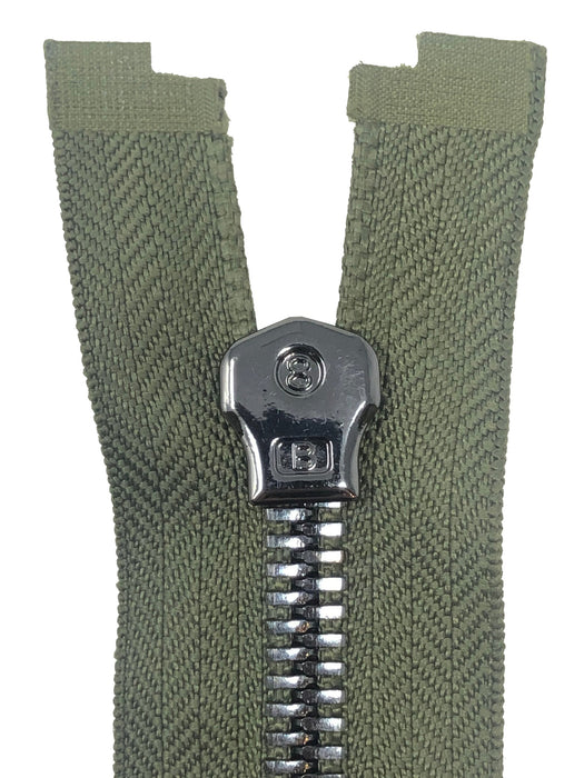 Glossy 8MM One-Way Separating Open Bottom Zipper, Olive Green/Gun Metal | 28 Inch Length