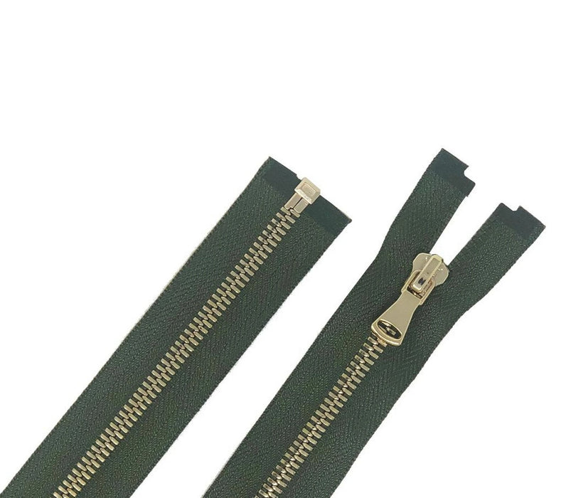 Glossy 5MM One-Way Separating Open Bottom Zipper, Olive Green/Gold | 28 Inch Length